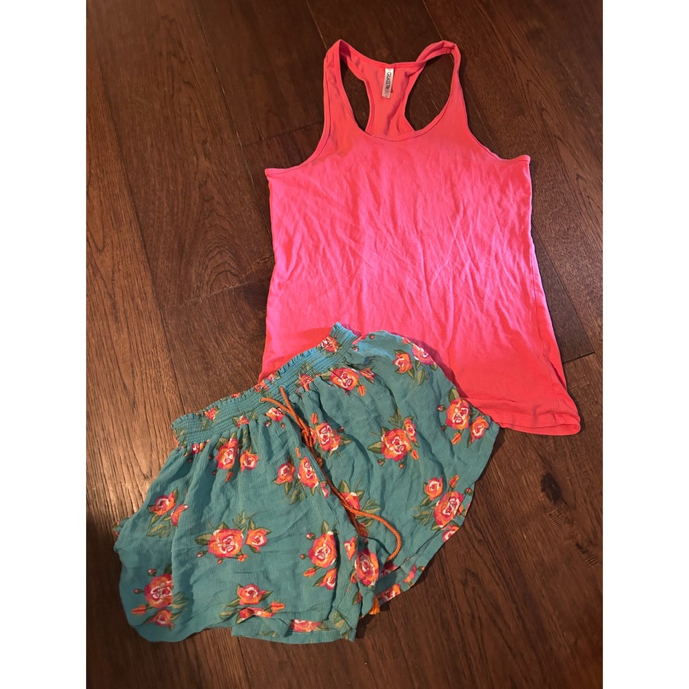 Matilda Jane Floral Shorts sm & Pink Racerback Tank Top Set Teal Orange Small